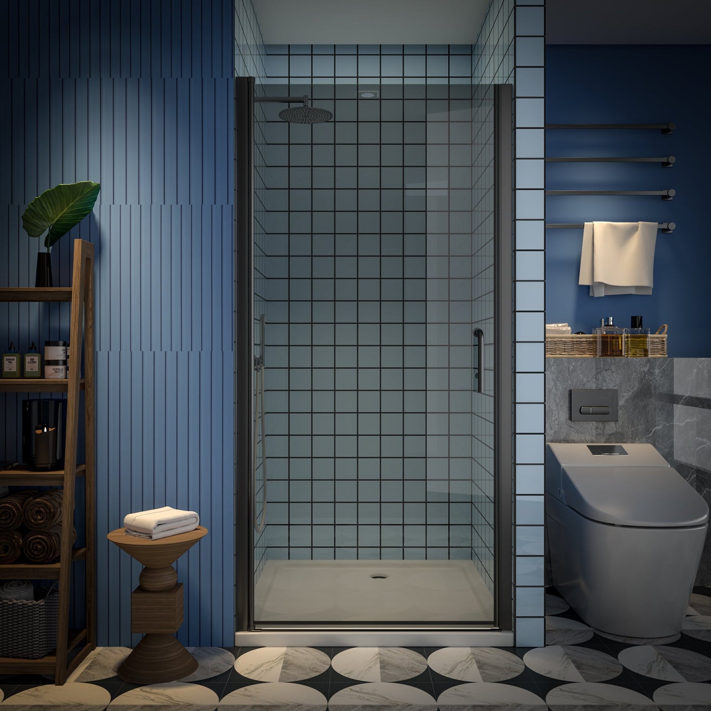 Classy-G 36-37.3" W x 72" H Pivot Frameless Shower Door Matte Black Smoke Gray Glass Shower Door with Handle