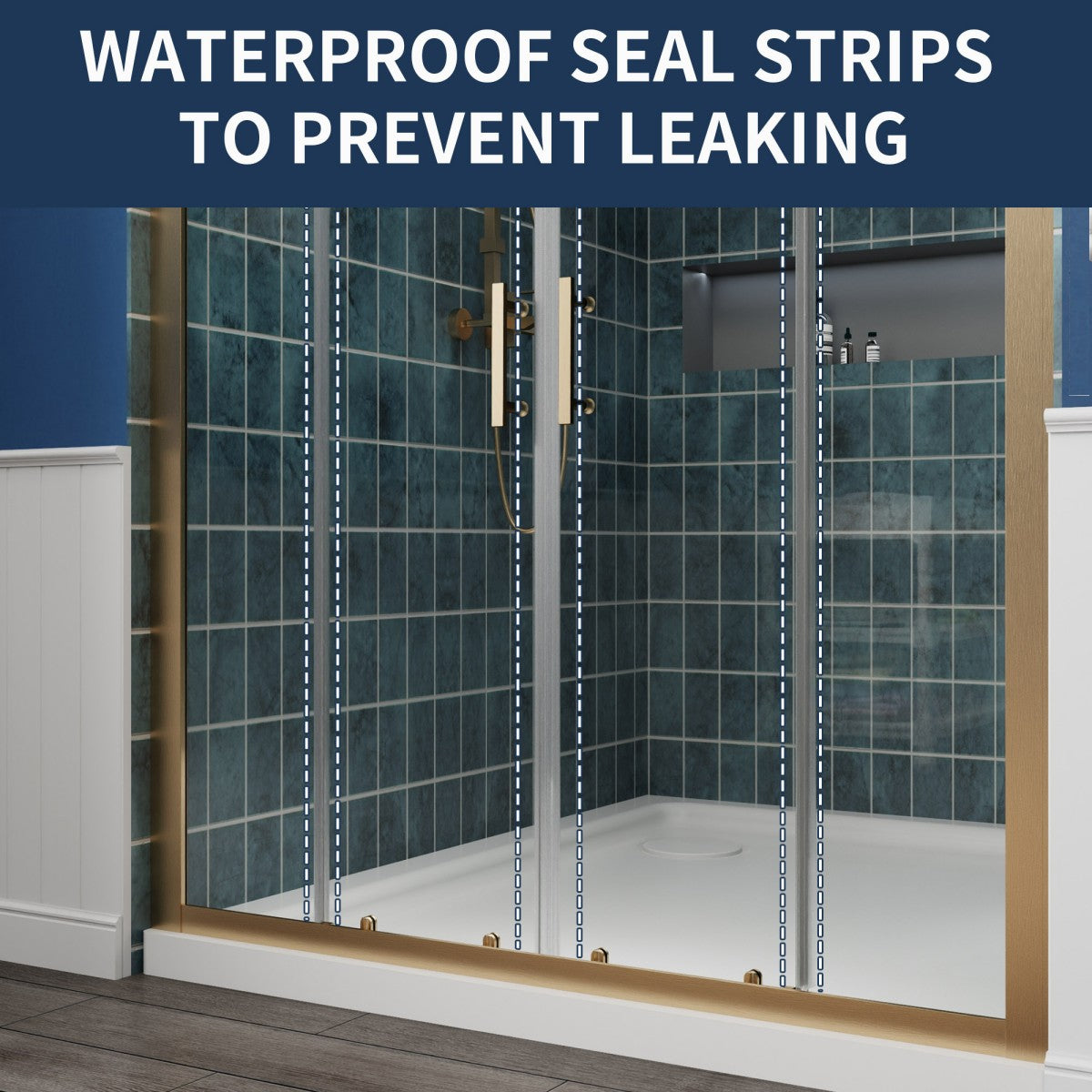 Shower enclosure with waterproof seal strips on a blue background