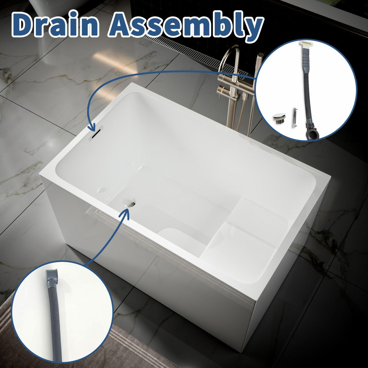 SQ-S Exbrite 43' Acrylic Freestanding Bathtub with seat,Spacious rectangle Shape, Gloss White Finish, Chrome Overflow & Pop-Up Drain - ExBriteUSA