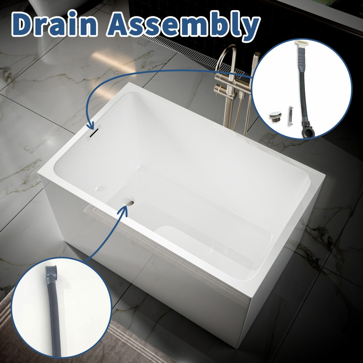 SQ Exbrite 43'  Acrylic Freestanding Bathtub ,Spacious rectangle Shape, Gloss White Finish, Chrome Overflow & Pop-Up Drain CUPC Certificate - ExBriteUSA