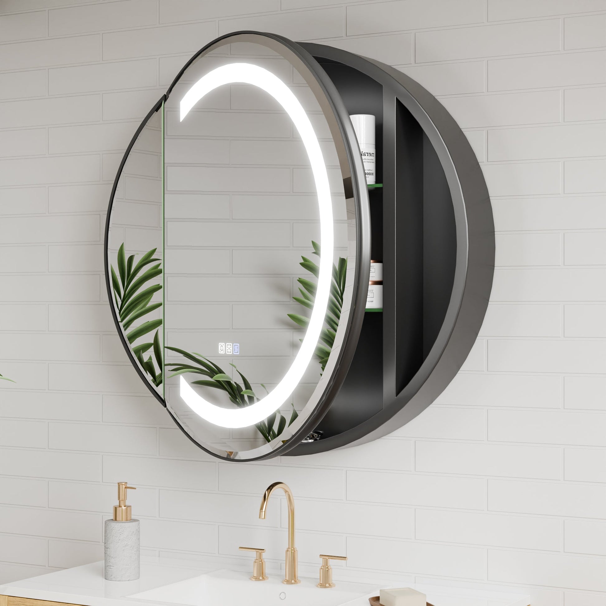 Hola 30" Round LED Medicine Cabinet �C Black Frame, Anti-Fog, Dimmable Lighting, Surface Mount - ExBriteUSA