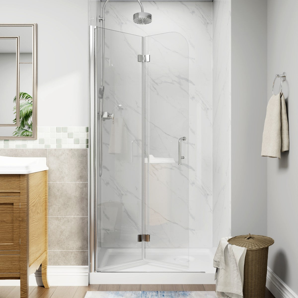 Adapt-E 34 in.W x 72 in.H Bifold Frameless Folding Glass Shower Doors,Chrome Finish,Pivot Swing Shower Doors,1/4 in.Fold Clear Glass