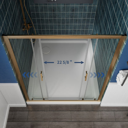 Glass shower enclosure with wooden frame in a bathroom setting