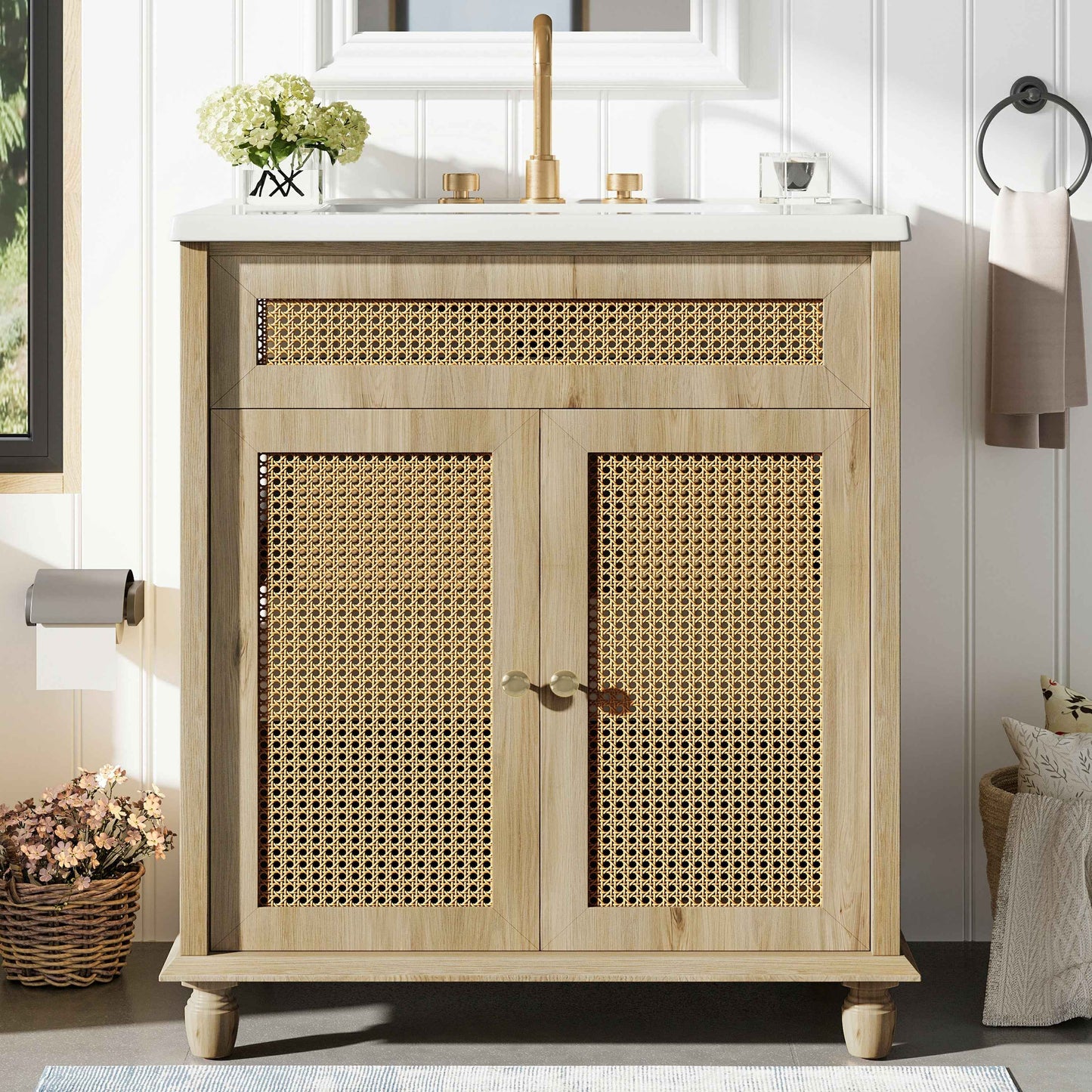 ExBrite 30" Bathroom Vanity with Resin Sink, Solid Wood Legs & Handwoven Rattan Doors for Modern Bathroom Storage
