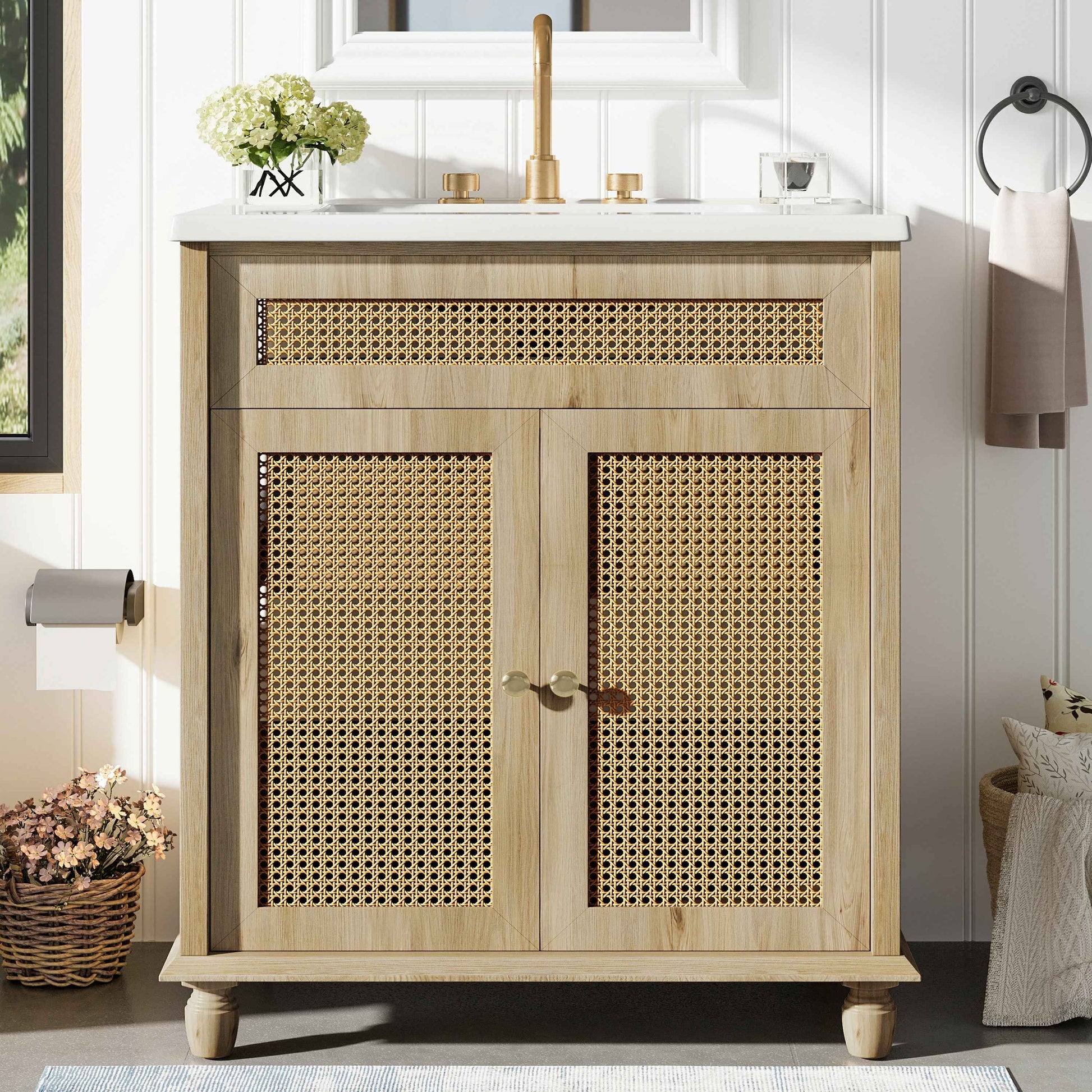 ExBrite 30" Bathroom Vanity with Resin Sink, Solid Wood Legs & Handwoven Rattan Doors for Modern Bathroom Storage