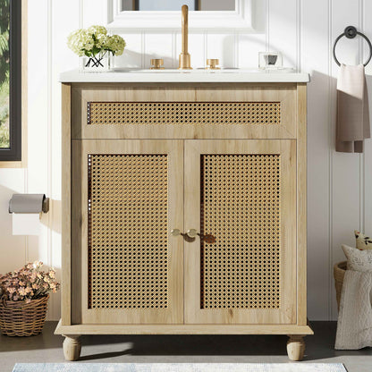 ExBrite 30" Bathroom Vanity with Resin Sink, Solid Wood Legs & Handwoven Rattan Doors for Modern Bathroom Storage