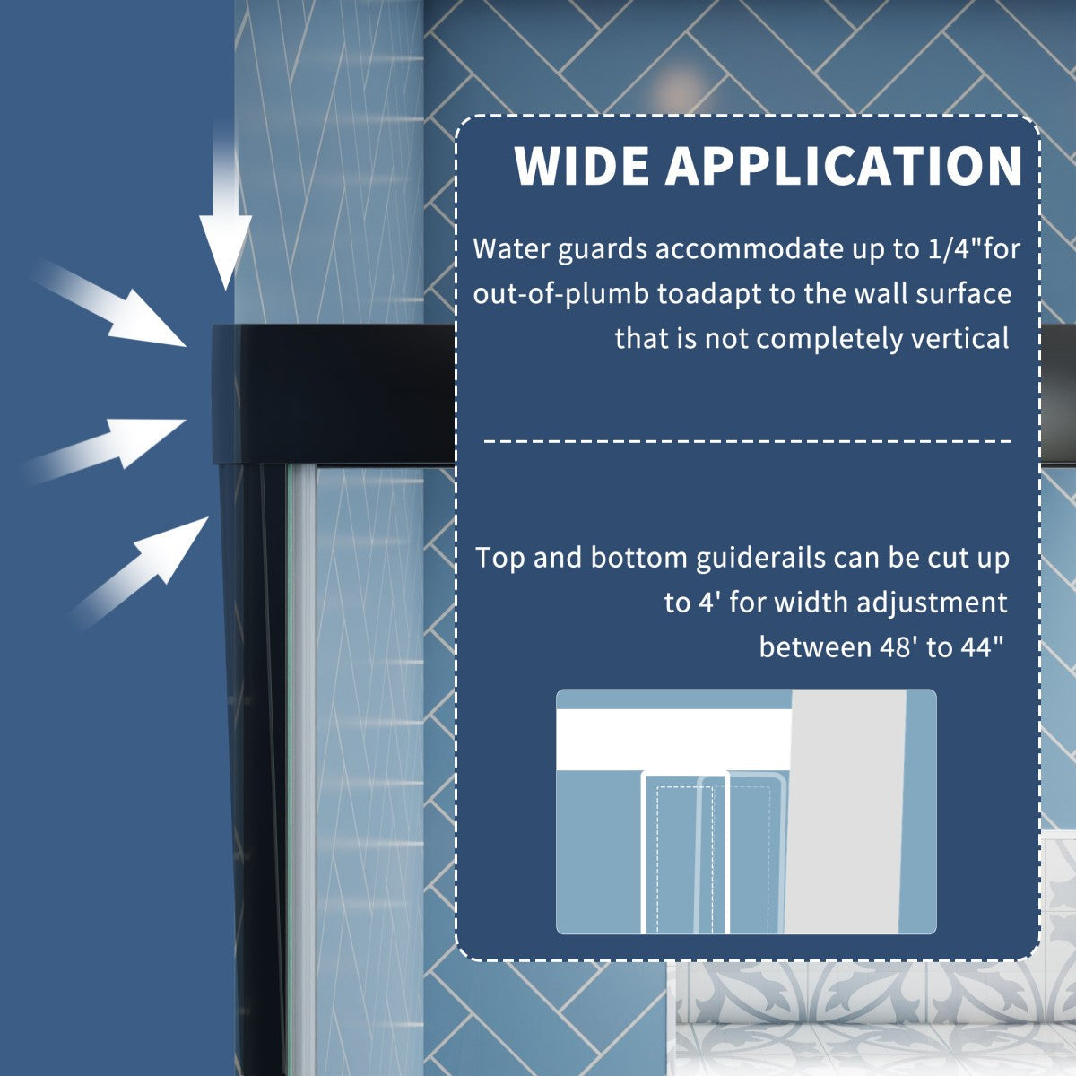 Glide 50-54 in. sliding glass shower doors with black frame and clear tempered glass.