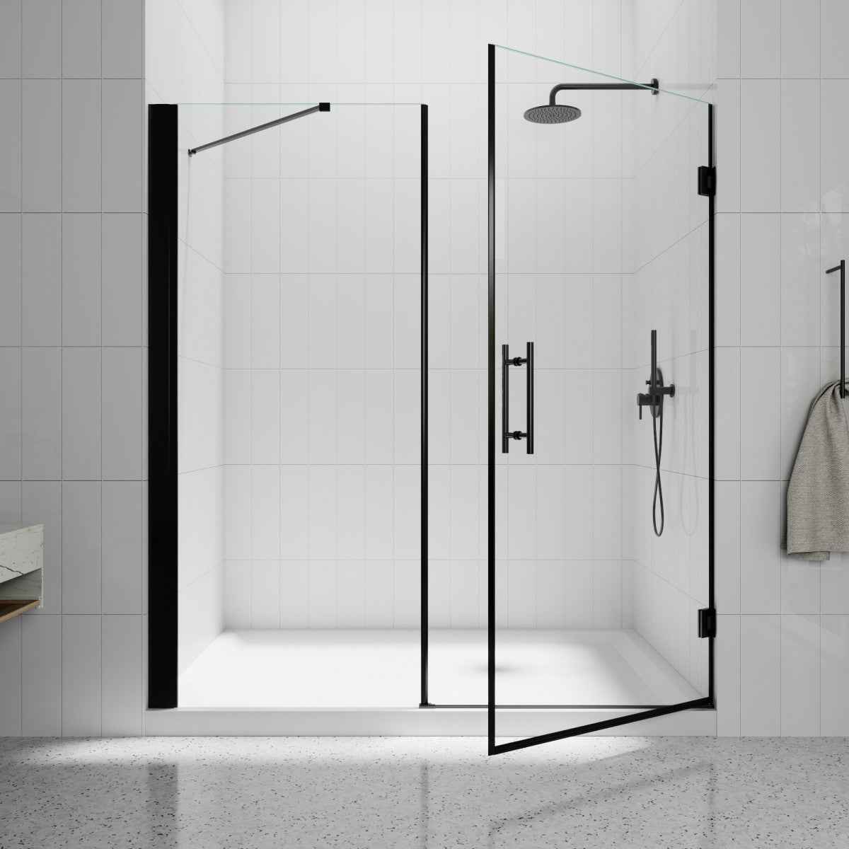 Gemini-W Allsumhome 56-58"Wx71"H Semi-Frameless Pivot Glass Shower Door,Pivot Shower Door,SGCC Tempered Glass,Matte Black,Reversible Installation