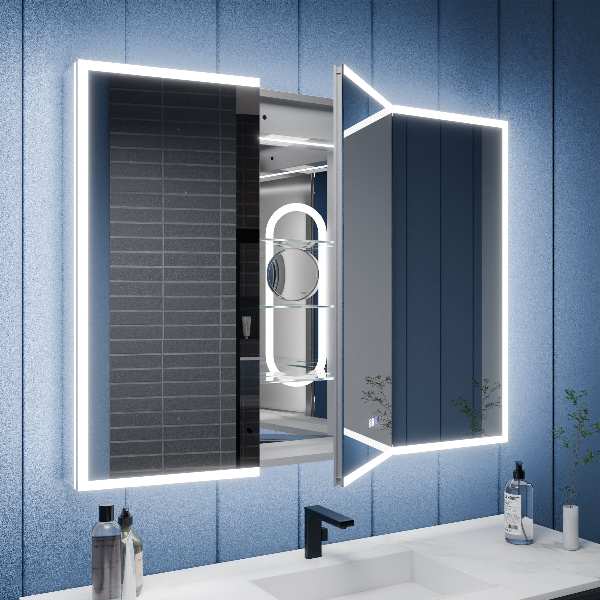 Bathroom mirror with lights on a blue wall