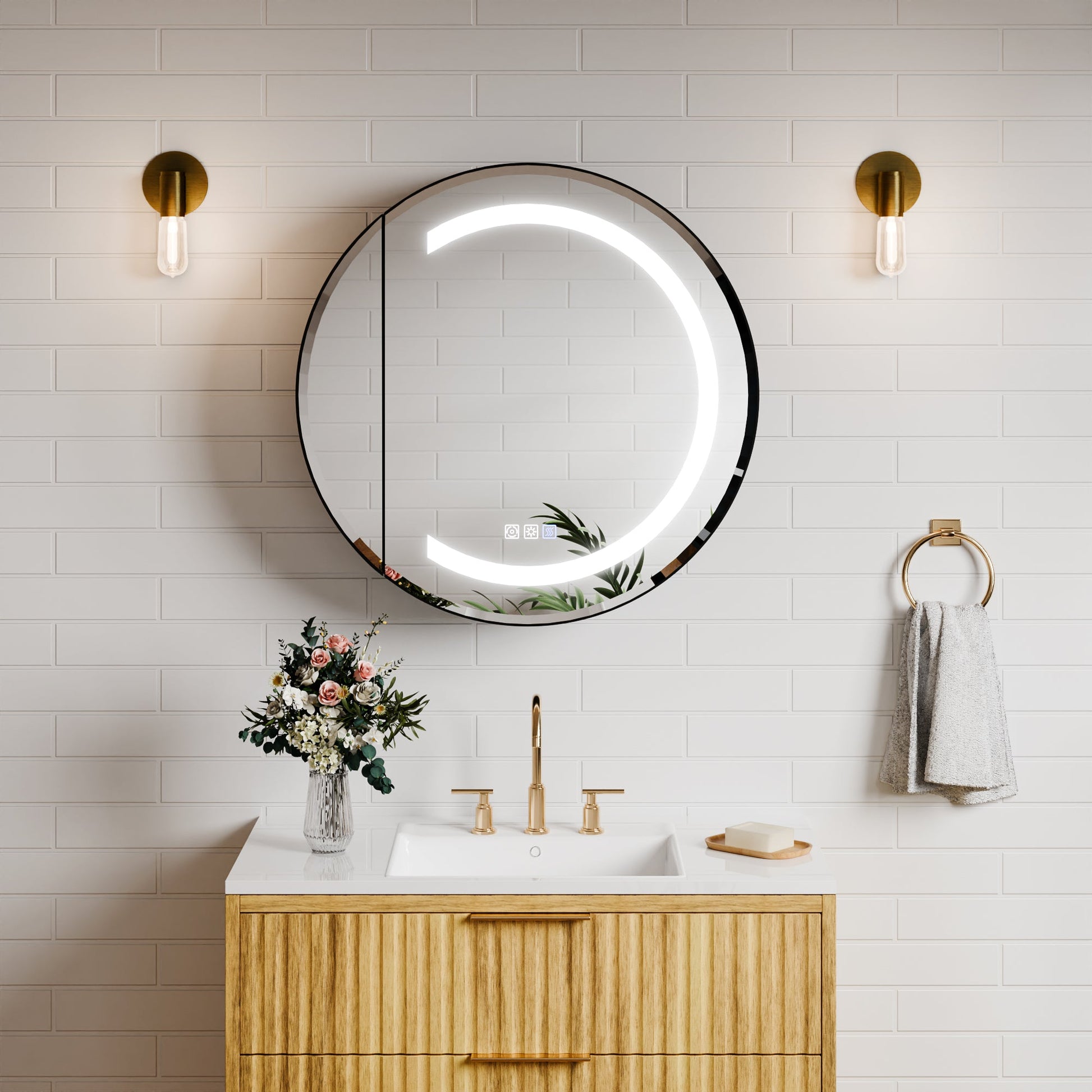 Hola 24" Round LED Medicine Cabinet �C Black Frame, Anti-Fog, Dimmable Lighting, Surface Mount - ExBriteUSA