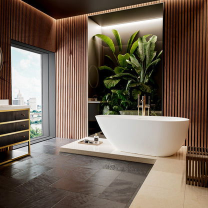 Allsumhome RockE 59" Oval Solid Surface Stone Freestanding Bathtub,Stone Touch,White,Scratch-proof,cUPC Certified,No Drain