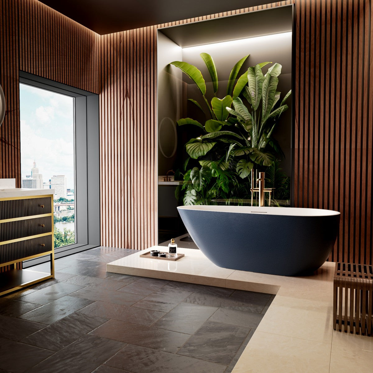 Allsumhome RockE 59" Oval Solid Surface Stone Freestanding Bathtub,Stone Touch,Prussian Blue,Scratch-proof,cUPC Certified