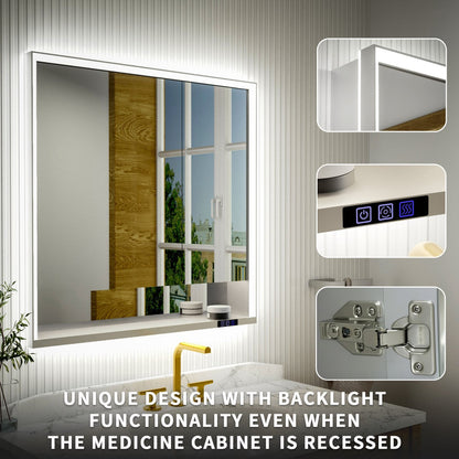 Ample 36" W x 36" H Wall Mounted Bathroom Medicine Cabinets with LED Light, Mirror, and Shelves for Recessed or Surface Mount