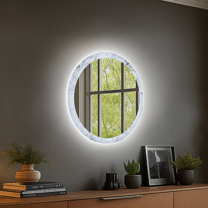 Glacy Series 30" x 30" Round LED Bathroom Mirror �C Ice Textures Edge, Smart Dimming, Defogger, ETL Certified - ExBriteUSA