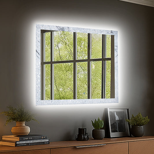 Glacy Series 40" x 32" Rectangle LED Bathroom Mirror �C Ice Textures Edge, Smart Dimming, Defogger, ETL Certified - ExBriteUSA