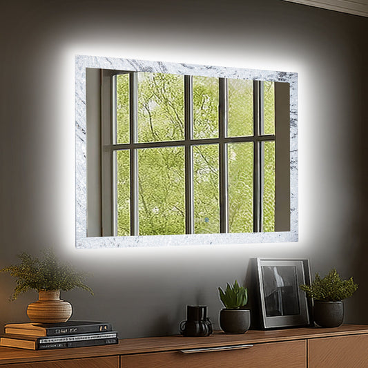 Glacy Series 48" x 32" Rectangle LED Bathroom Mirror �C Ice Textures Edge, Smart Dimming, Defogger, ETL Certified - ExBriteUSA