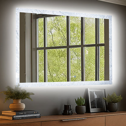 Glacy Series 60" x 36" Rectangle LED Bathroom Mirror �C Ice Textures Edge, Smart Dimming, Defogger, ETL Certified - ExBriteUSA