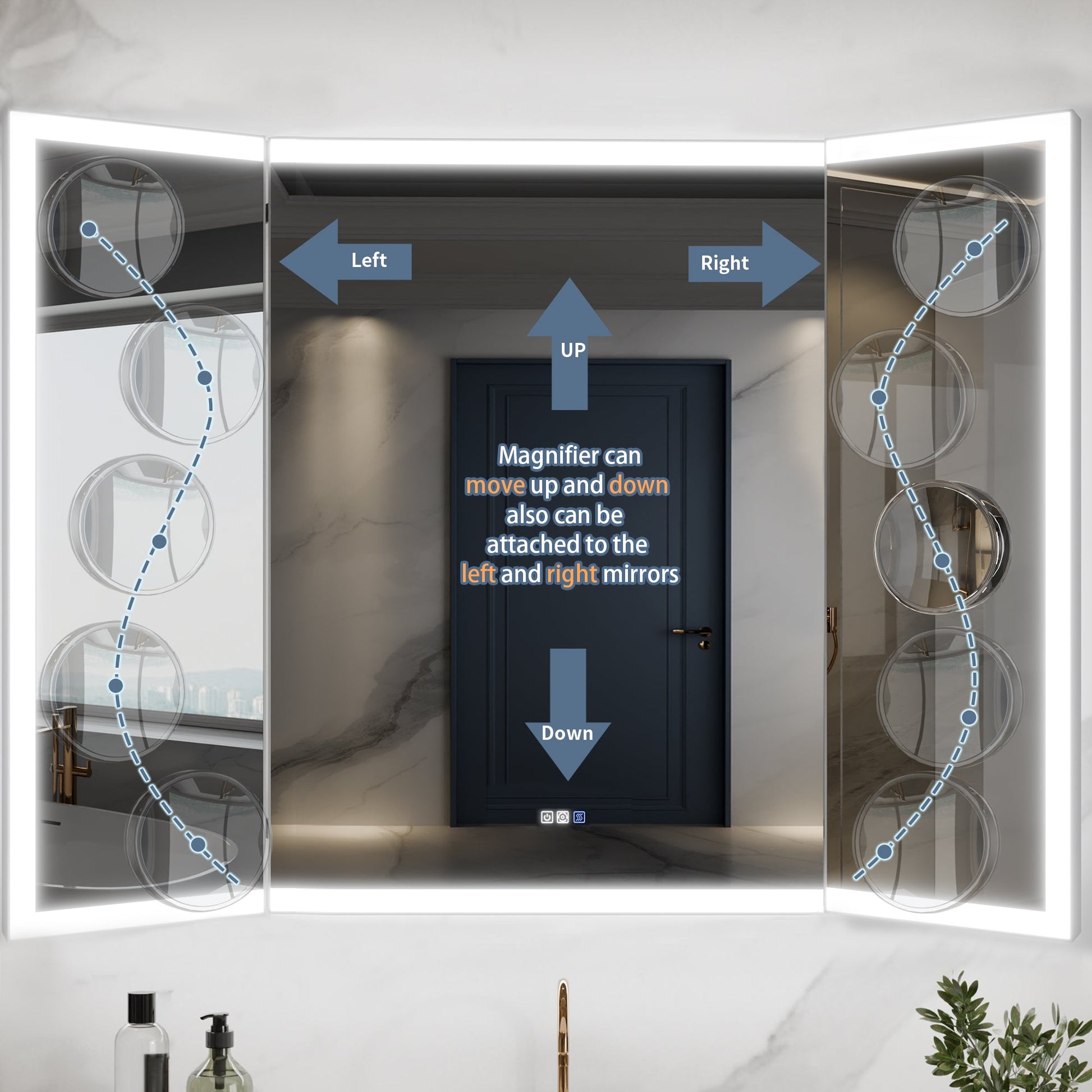 TriFold 66" W x 36" H LED Lighted Three Ways Bathroom Mirror, Front & Back Lighting, with Movable Magnifying Mirror - ExBriteUSA