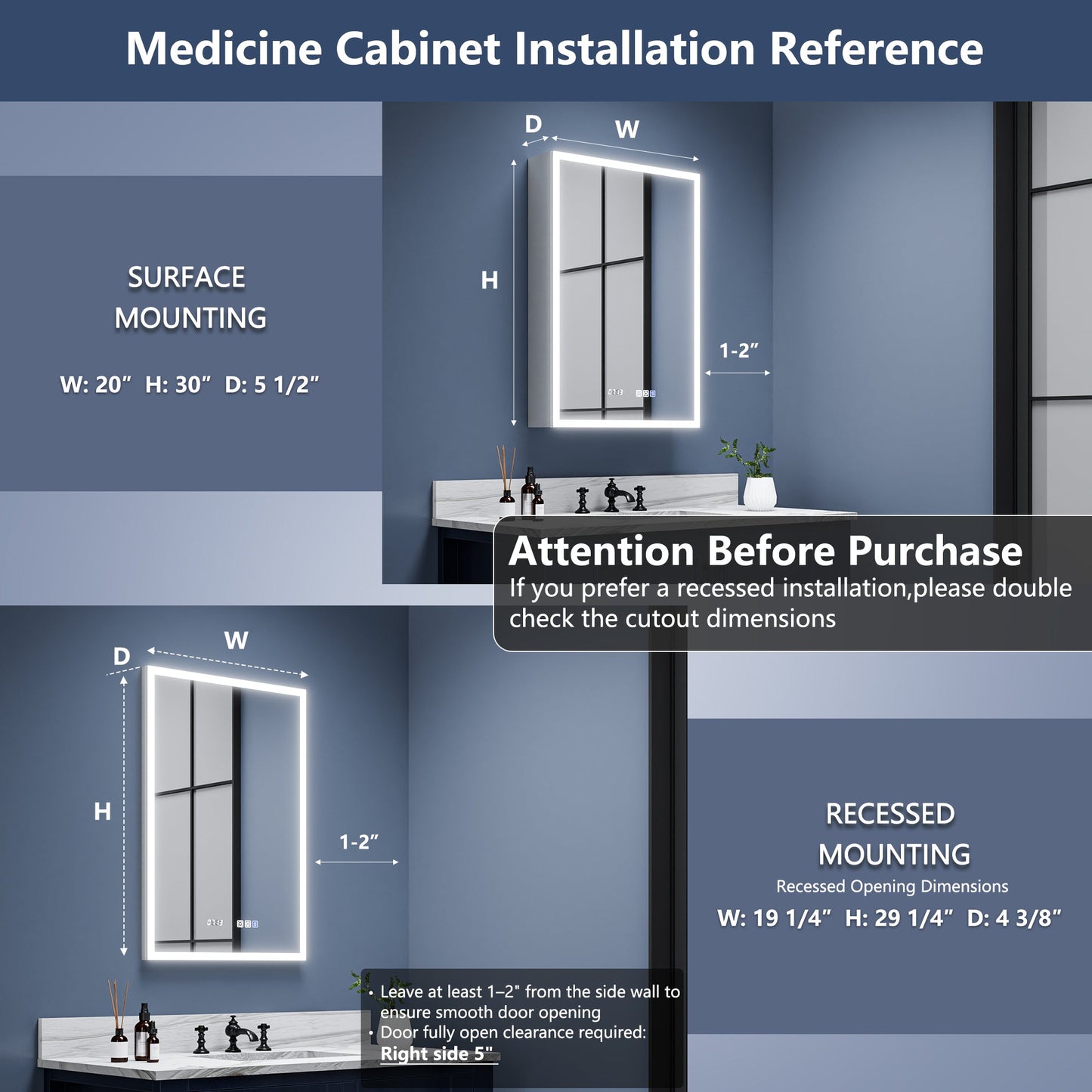 Rim 20" W x 30" H Lighted Medicine Cabinet Recessed or Surface LED Medicine Cabinet with Outlets & USBs,Hinge on the right