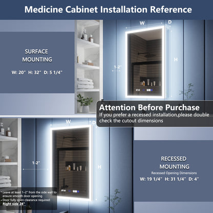 Illusion 20" x 32" LED Lighted Medicine Cabinet with Magnifiers Front and Back Light,Hinge on the Right