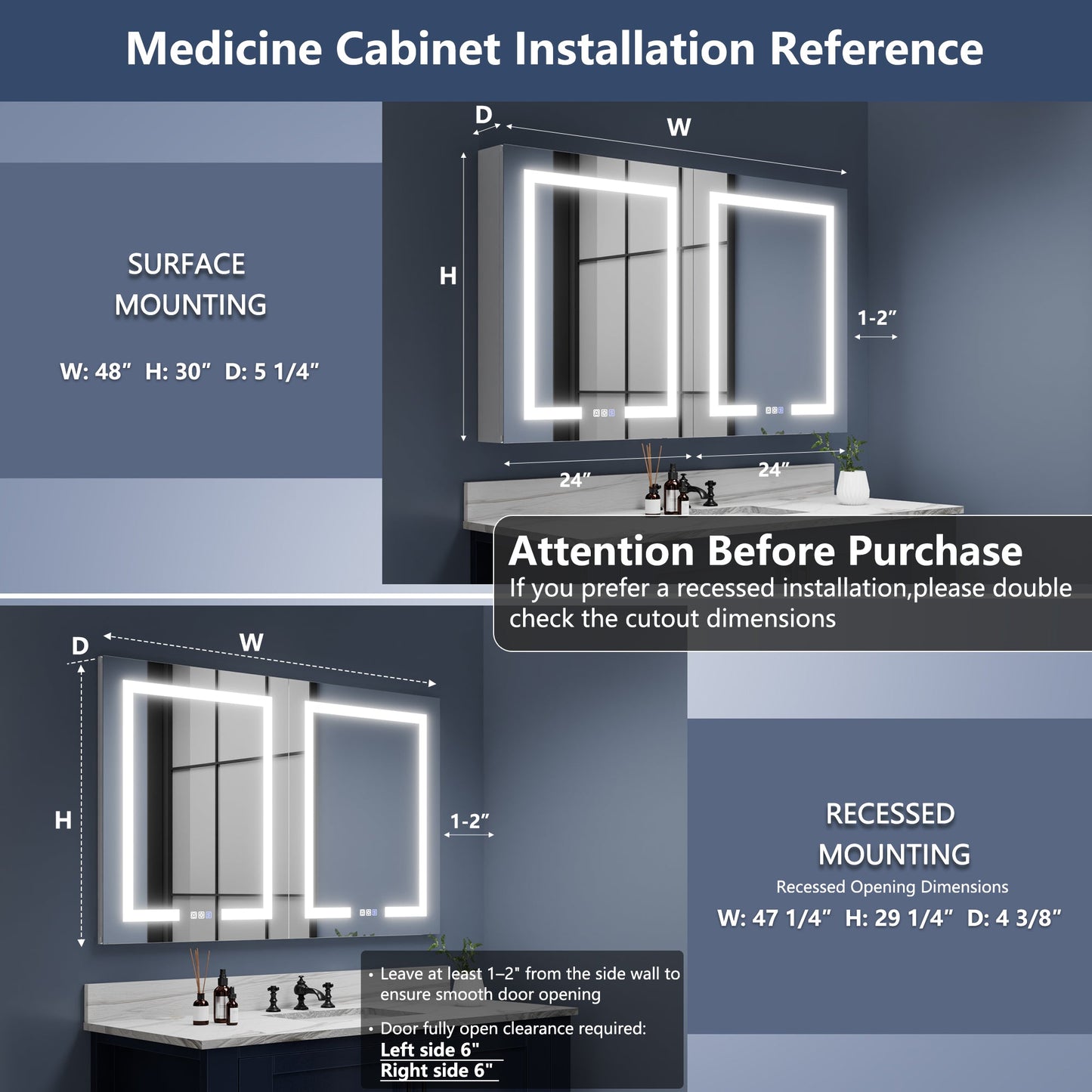 Boost-M1 48" W x 30" H Light Medicine Cabinet Recessed or Surface Mount Aluminum Adjustable Shelves Vanity Mirror Cabinet