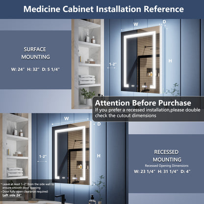 Medicine cabinet installation reference with surface and recessed mounting dimensions.