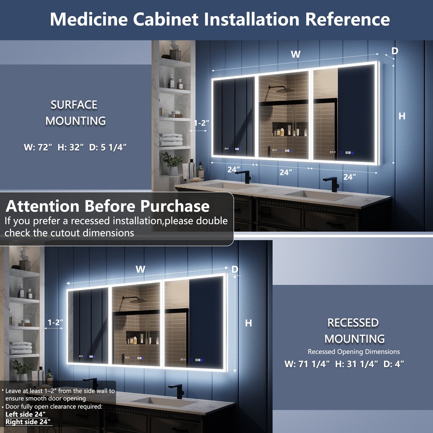 Illusion 72" x 32" LED Lighted Medicine Cabinet with Magnifiers Front and Back Light