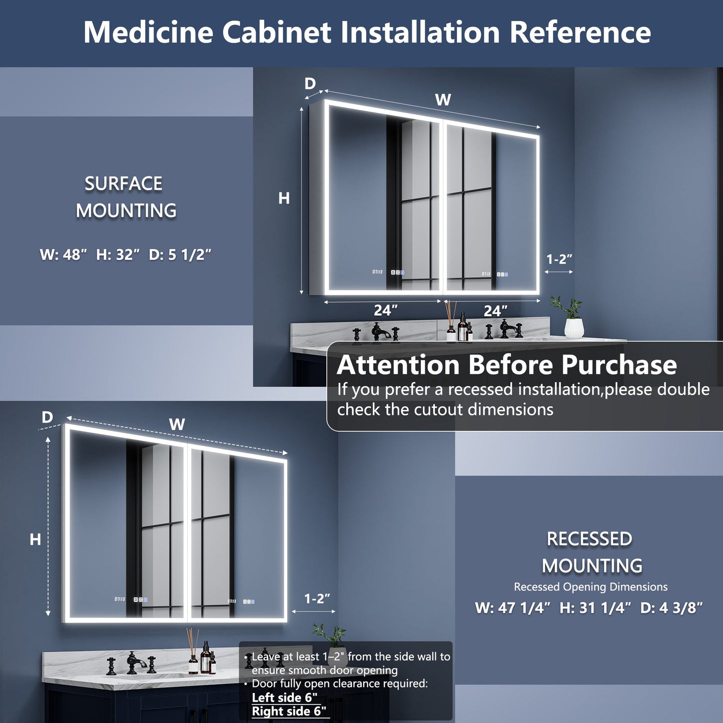 Rim 48" W x 32" H Lighted Medicine Cabinet Recessed or Surface LED Medicine Cabinet with Outlets & USBs