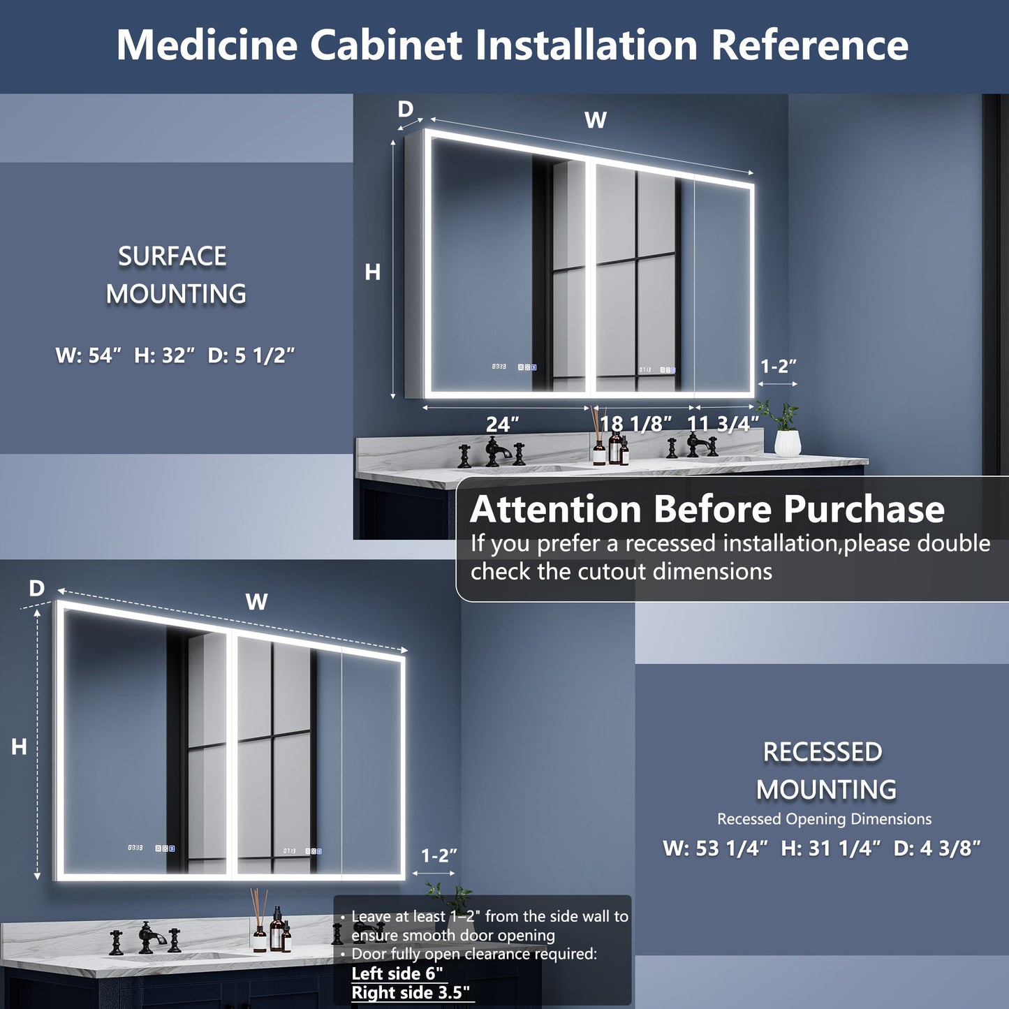 Rim 54" W x 32" H LED Lighted Medicine Cabinet Recessed or Surface with mirrors