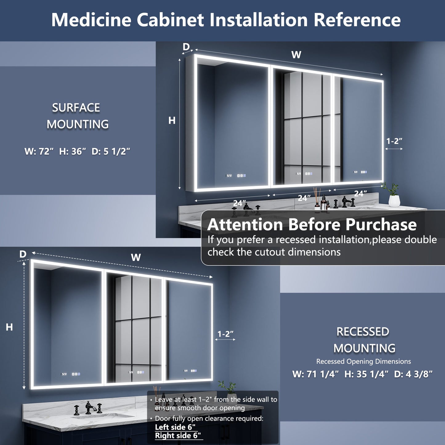 Rim 72" W x 36" H LED Lighted Medicine Cabinet Recessed or Surface with Mirrors