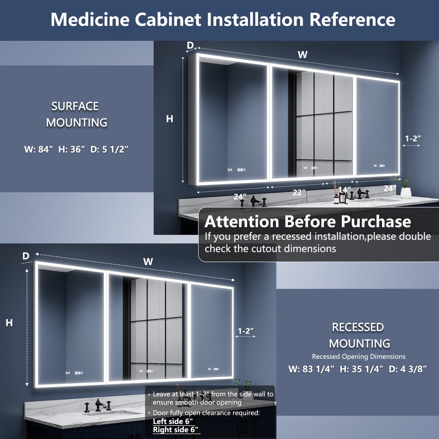 Rim 84" W x 36" H LED Lighted Medicine Cabinet Recessed or Surface with Mirrors,24-36-24