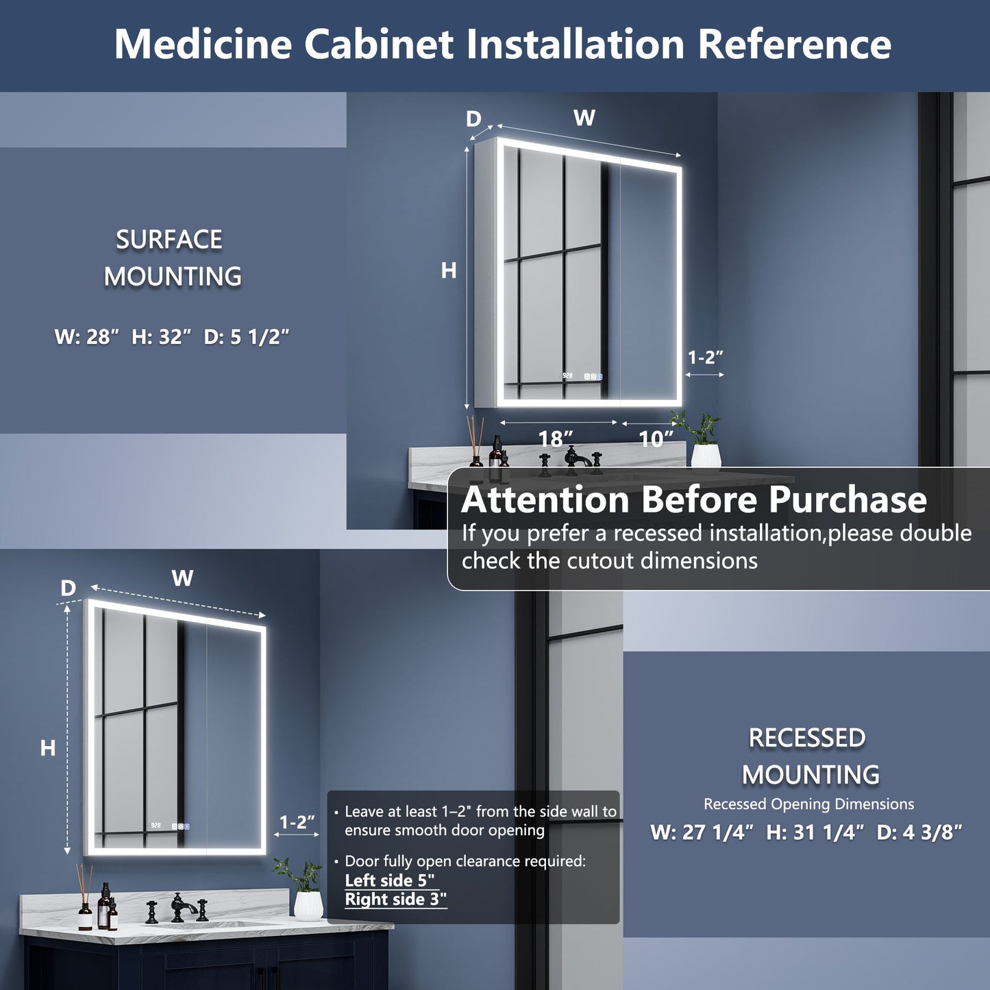 Rim 28" W x 32" H LED Lighted Medicine Cabinet Recessed or Surface with Mirrors
