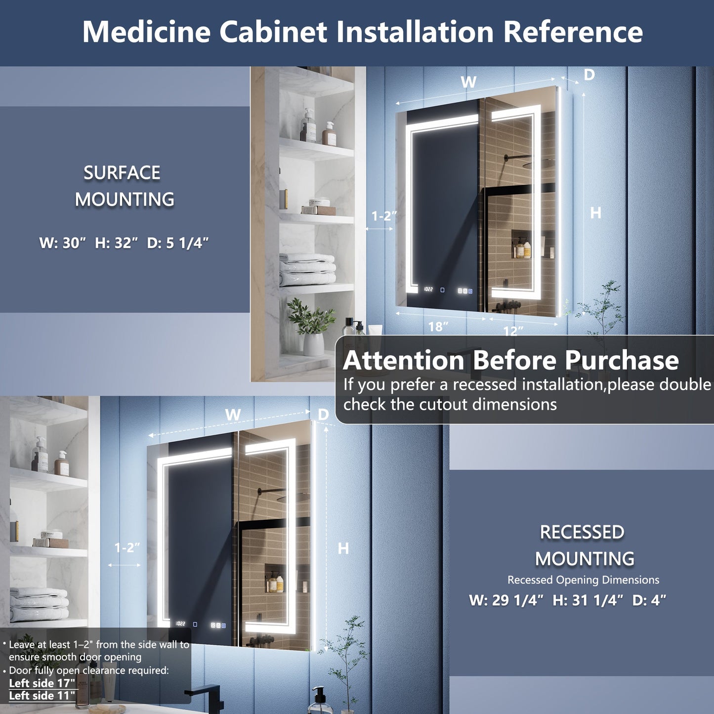 Illusion-B 30" x 32" LED Lighted Inset Mirrored Medicine Cabinet with Magnifiers Front and Back Light