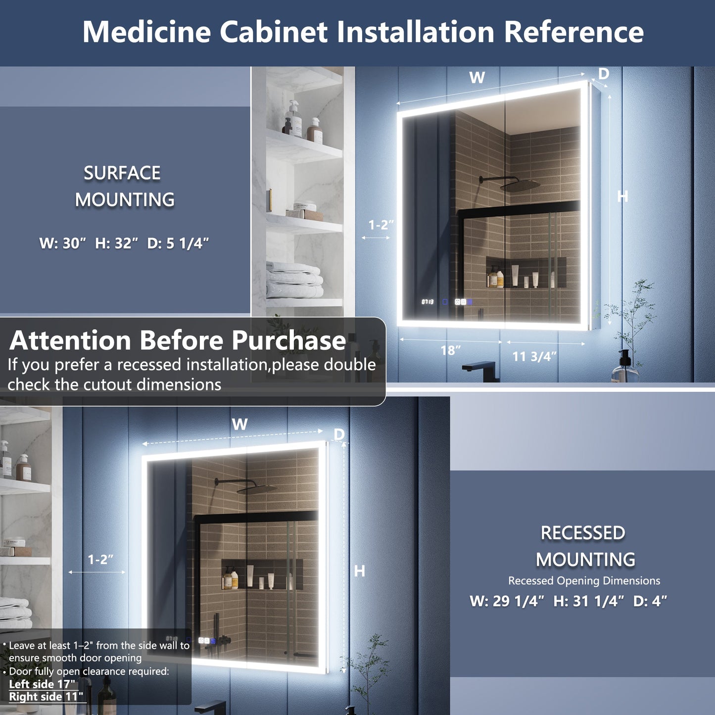 Illusion 30" x 32" LED Lighted Medicine Cabinet with Magnifiers Front and Back Light