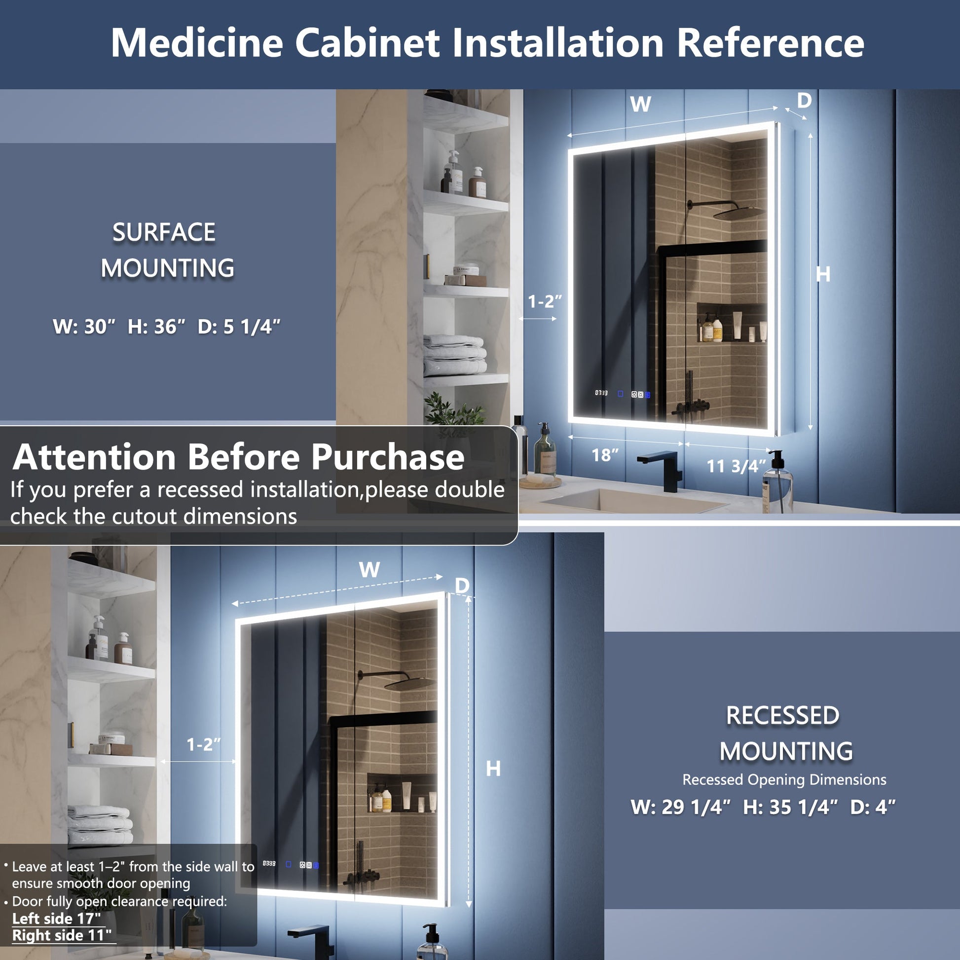 Medicine cabinet installation reference with surface and recessed mounting dimensions.