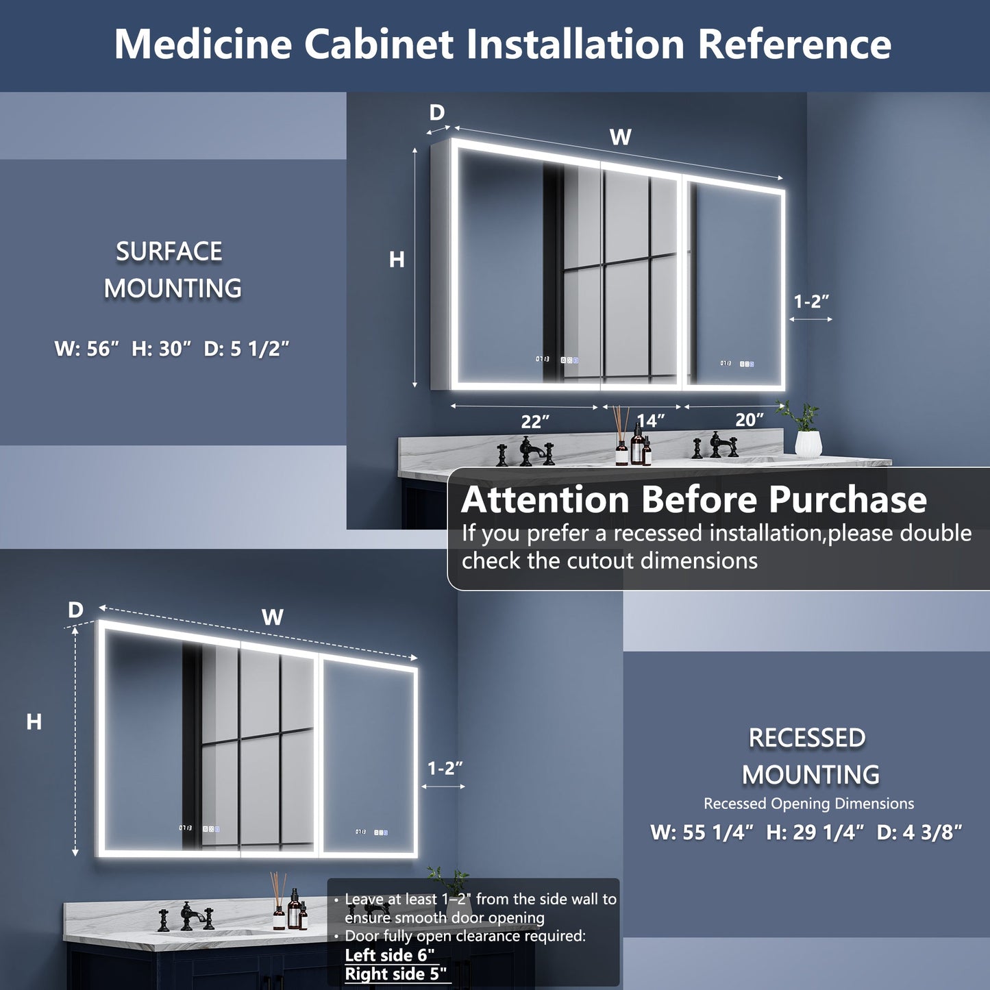 Rim 56" W x 30" H LED Lighted Medicine Cabinet Recessed or Surface with Mirrors