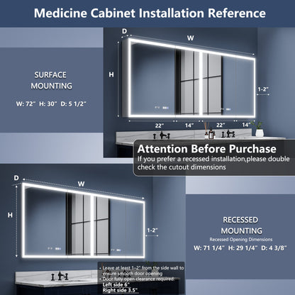 Rim 72" W x 30" H LED Lighted Medicine Cabinet Recessed or Surface with Mirrors