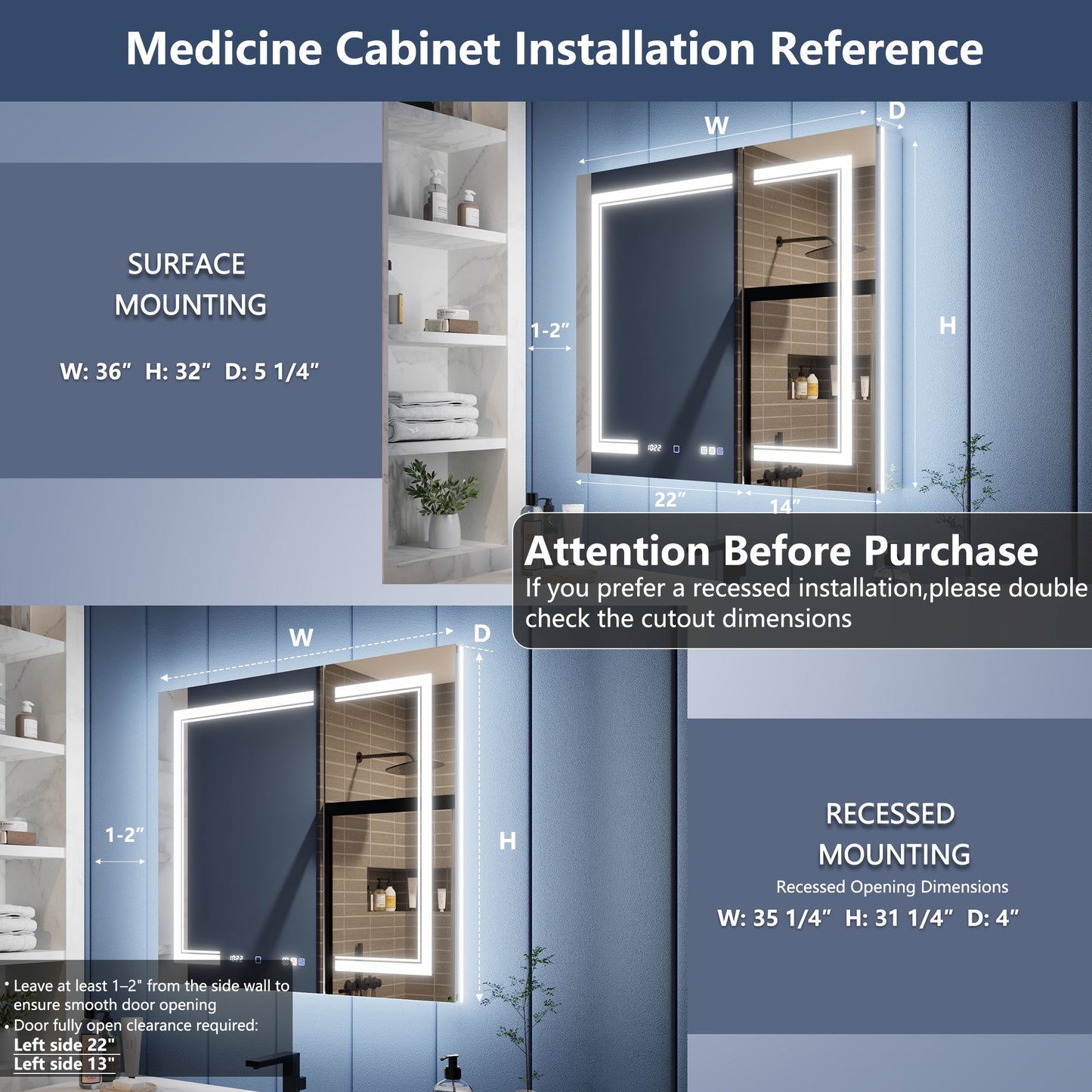 Illusion-B 36" x 32" LED Lighted Inset Mirrored Bath Medicine Cabinet with Front and Back Magnifiers