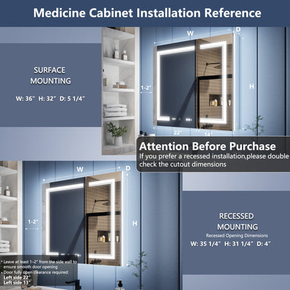Illusion-B 36" x 32" LED Lighted Inset Mirrored Bath Medicine Cabinet with Front and Back Magnifiers