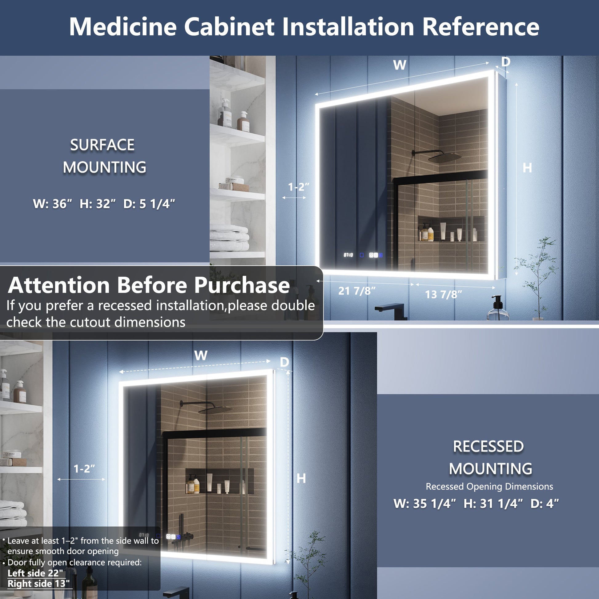 Medicine cabinet installation reference with dimensions and mounting options.