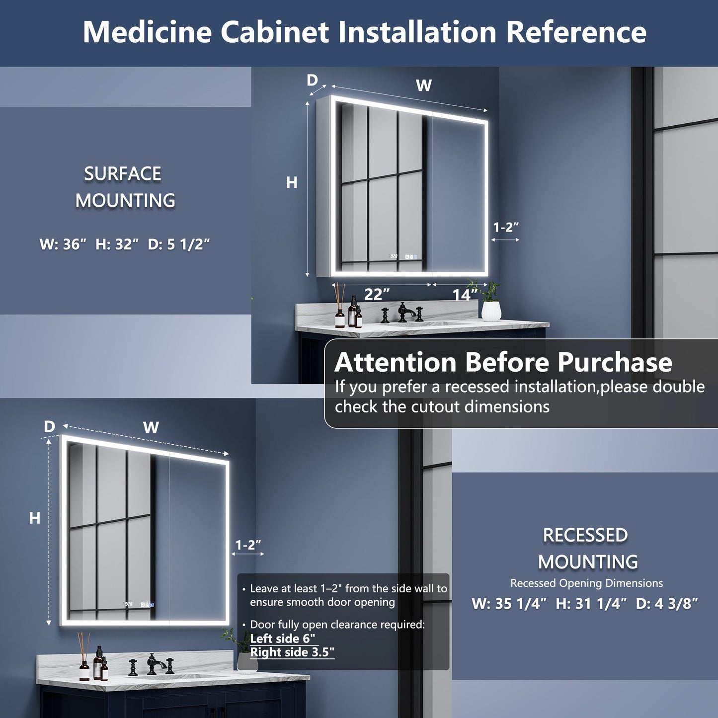 Rim 36" W x 32" H Lighted Medicine Cabinet Recessed or Surface LED Medicine Cabinet with Outlets & USBs