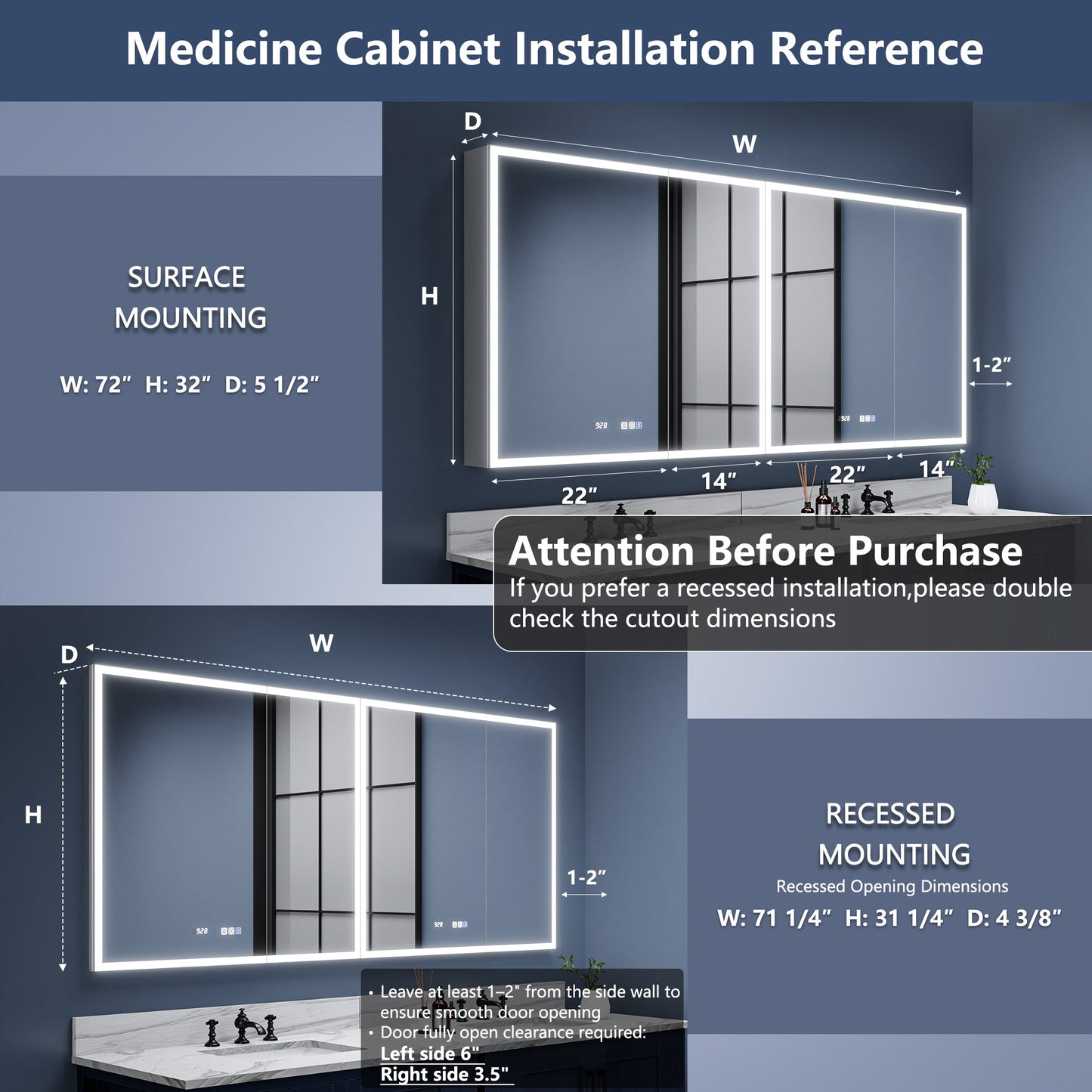Rim 72" W x 32" H Lighted Medicine Cabinet Recessed or Surface LED Medicine Cabinet with Outlets & USBs