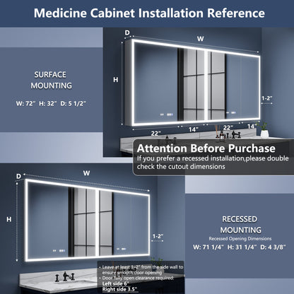 Rim 72" W x 32" H Lighted Medicine Cabinet Recessed or Surface LED Medicine Cabinet with Outlets & USBs