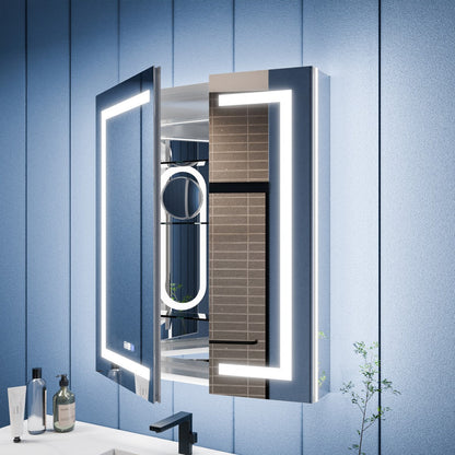 Bathroom mirror with LED lighting on a blue wall