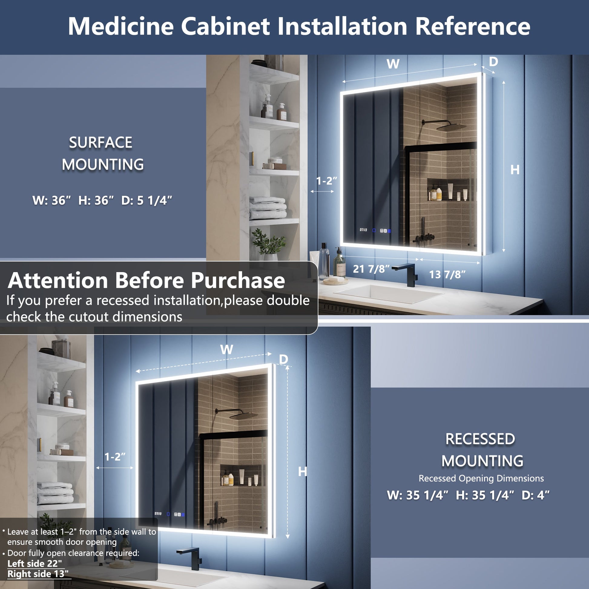 Medicine cabinet installation reference with dimensions and mounting options.