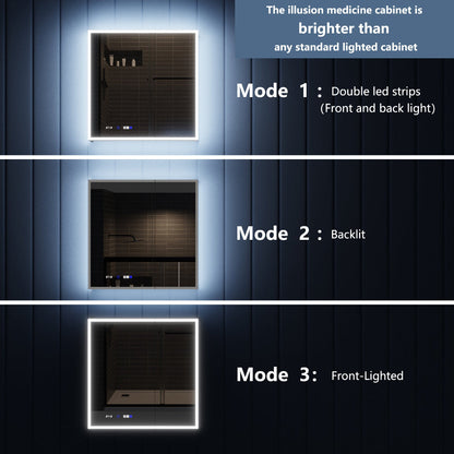 Comparison of three modes of a medicine cabinet with LED lighting on a dark background.