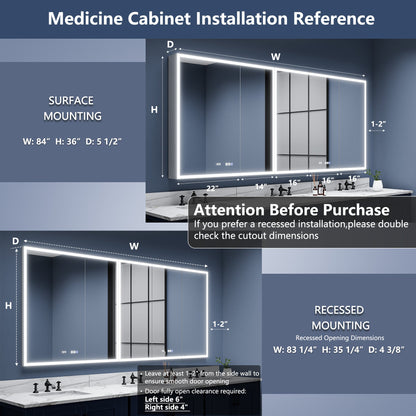 Rim 84" W x 36" H LED Illuminated Medicine Cabinet Recessed or Surface with Mirrors, 36-48