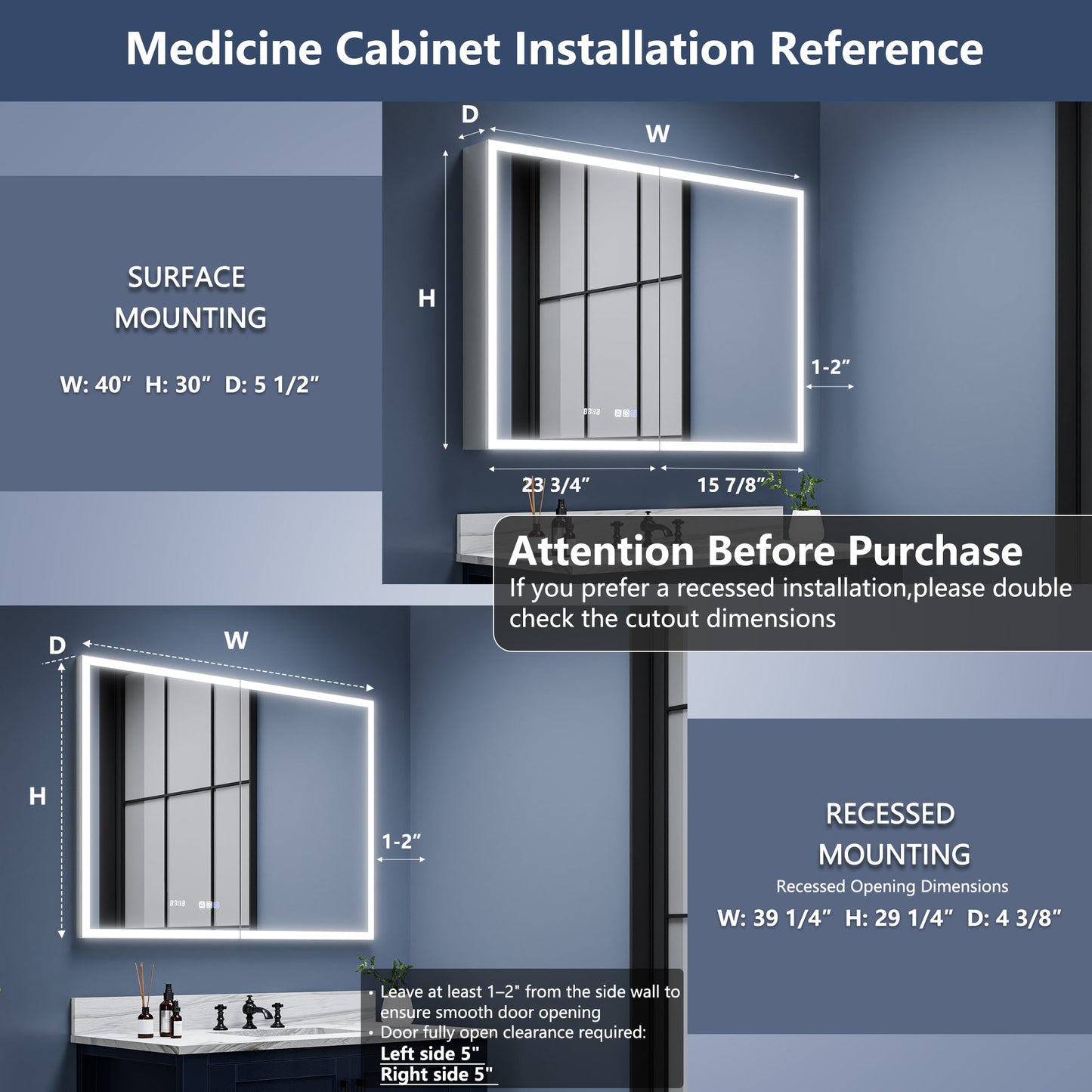 Rim 40" W x 30" H LED Lighted Medicine Cabinet Recessed or Surface with Mirrors