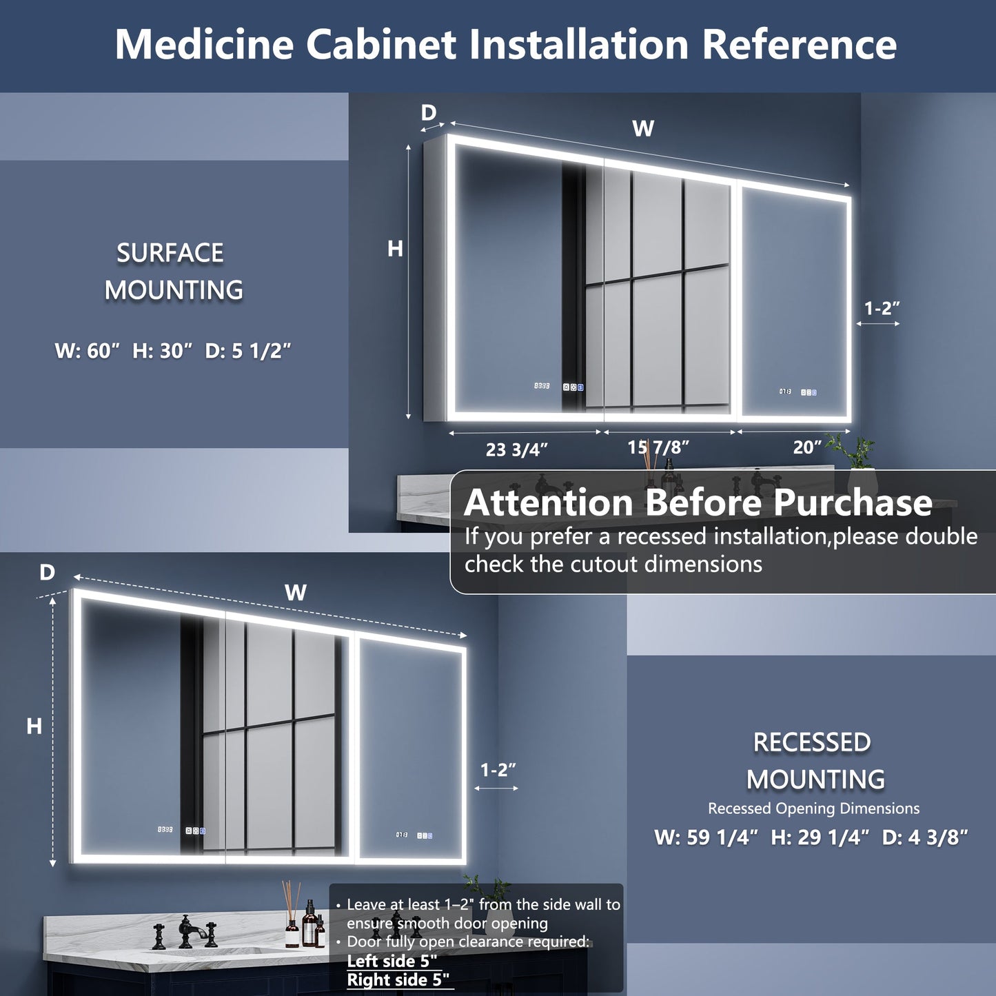 Rim 60" W x 30" H LED Lighted Medicine Cabinet Recessed or Surface with Mirrors