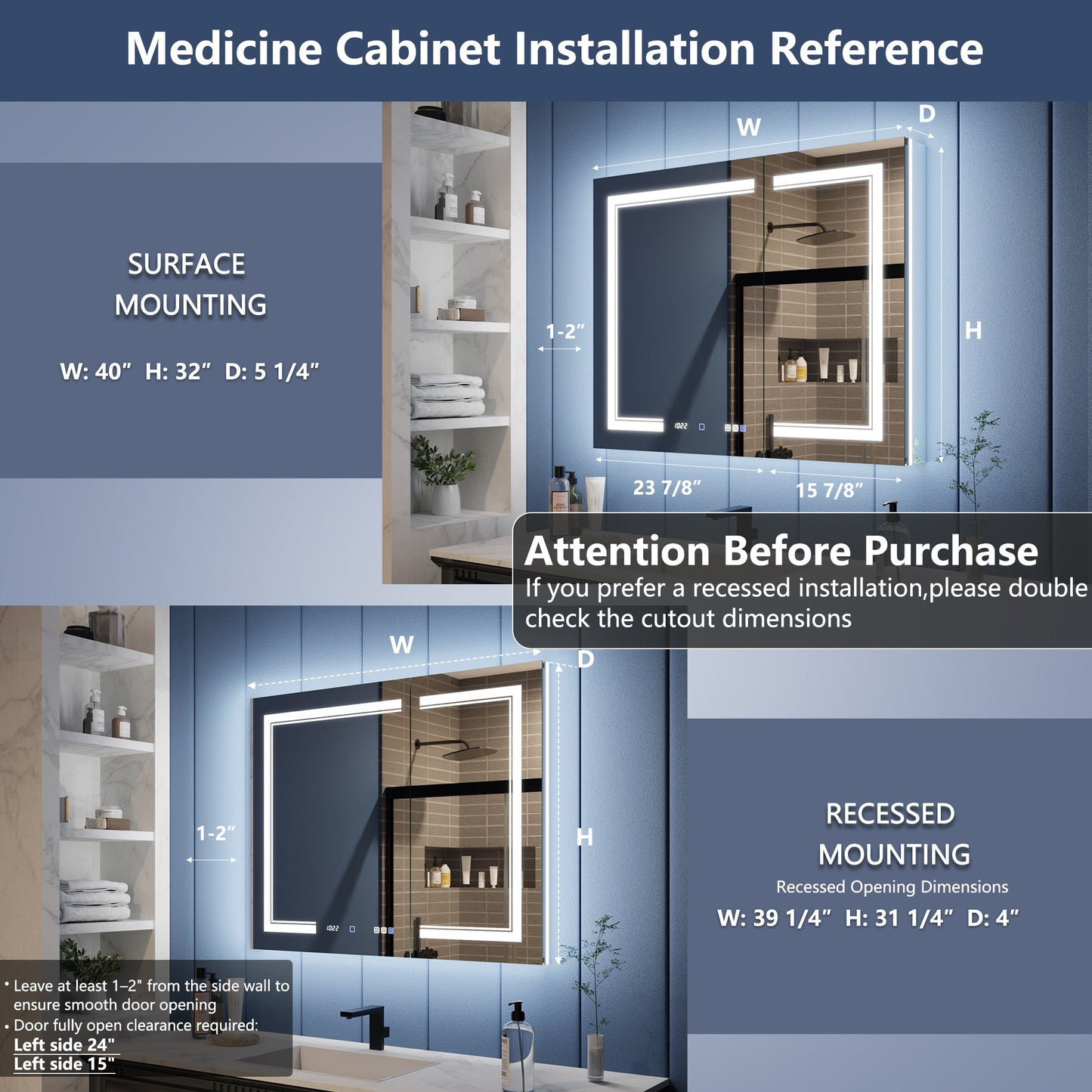 Illusion-B 40" x 32" LED Lighted Inset Mirrored Medicine Cabinet with Magnifiers Front and Back Light